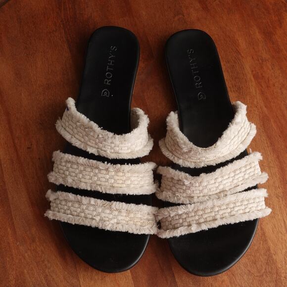 Rothy's Sandals Womens SZ 8.5 BLK White Sea Shell Fringe Slip On Slide Flat Shoe - Picture 5 of 10